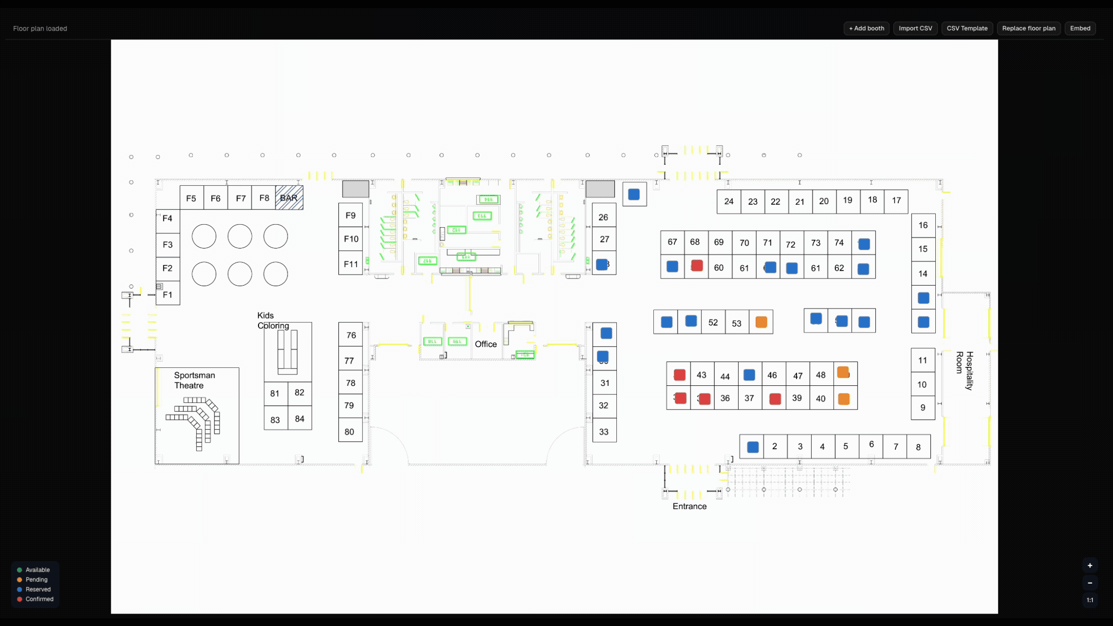 Organizer drags a vendor card onto the live floor plan; booth turns green and status flips to Assigned